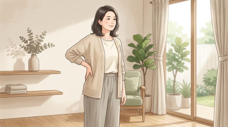 腰に手を当てる人物
