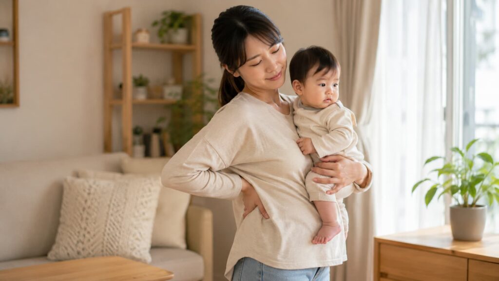 赤ちゃんを抱っこしながら腰に手を当てる若いお母さんのイメージ