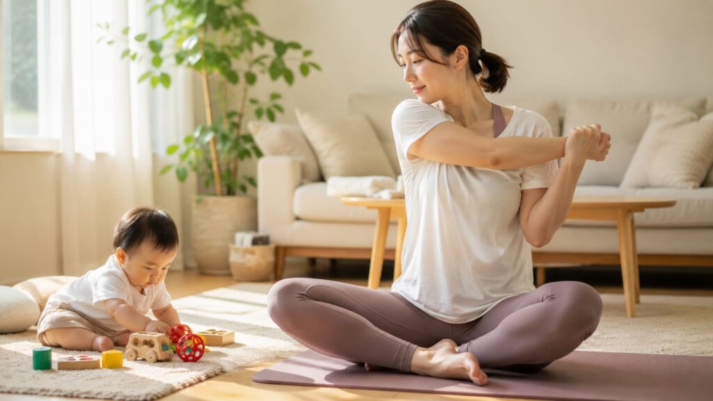 ストレッチをするお母さんと近くで遊ぶ赤ちゃんのイメージ