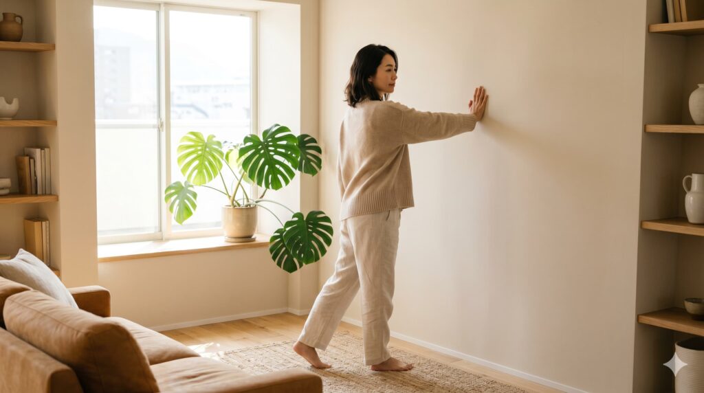 自宅で胸郭出口ストレッチをする女性のイメージ