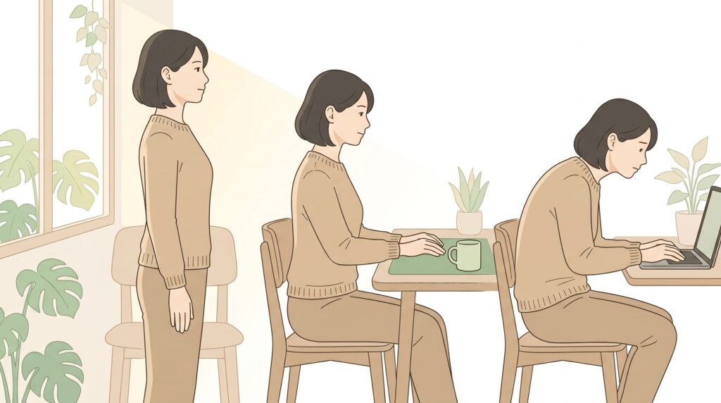 デスクワーク中の前かがみ姿勢と巻き肩を示すシルエット