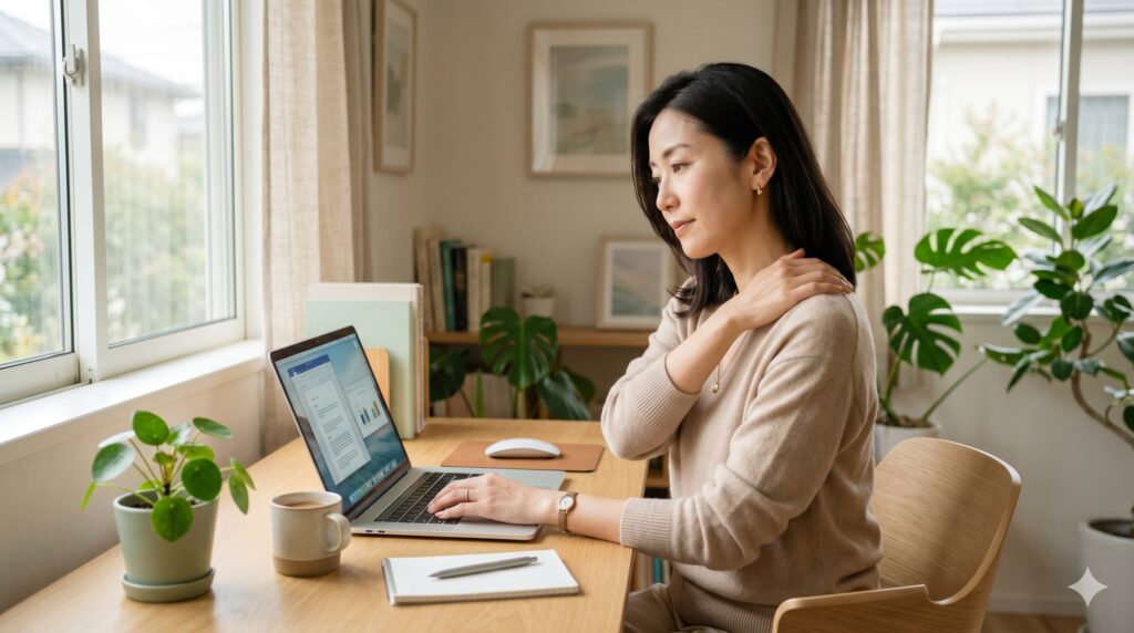 デスクワーク中に肩の不調を感じる40代女性のイメージ