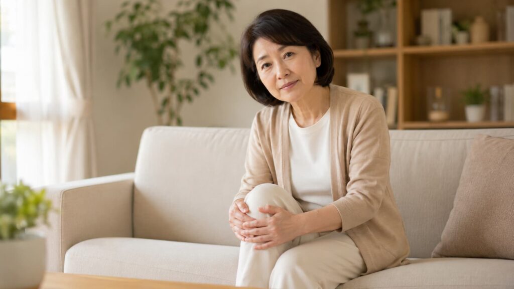 室内で膝の痛みを抱えながら座っている中高年女性のイメージ