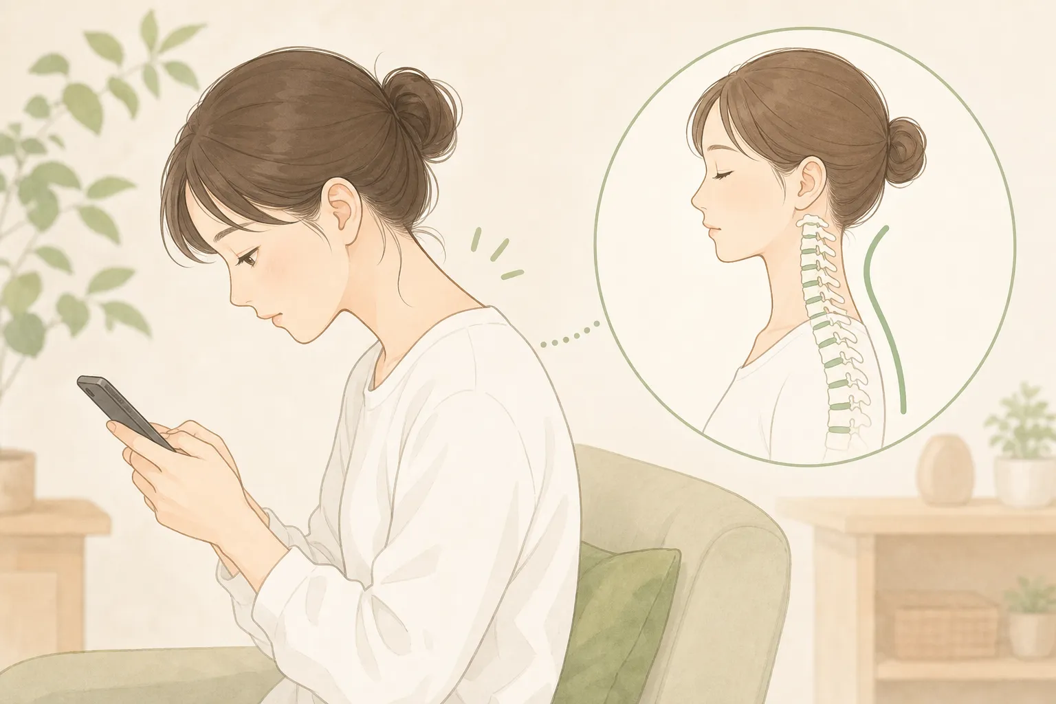 スマホをうつむいて見る若い女性と、首の骨のカーブを示すやさしいイラスト