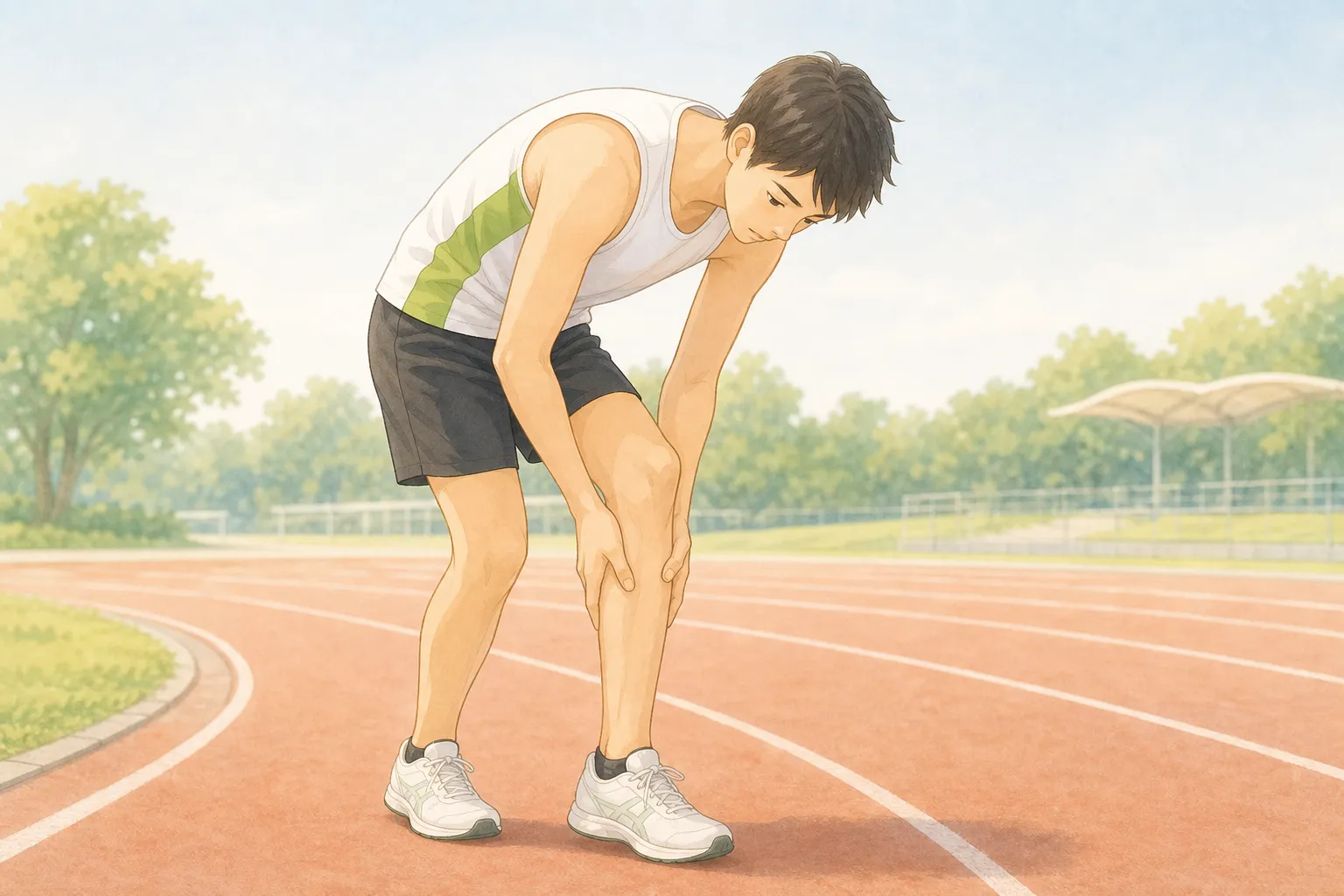 陸上部の学生が練習中にすねの内側を手で押さえて立ち止まっているイメージ