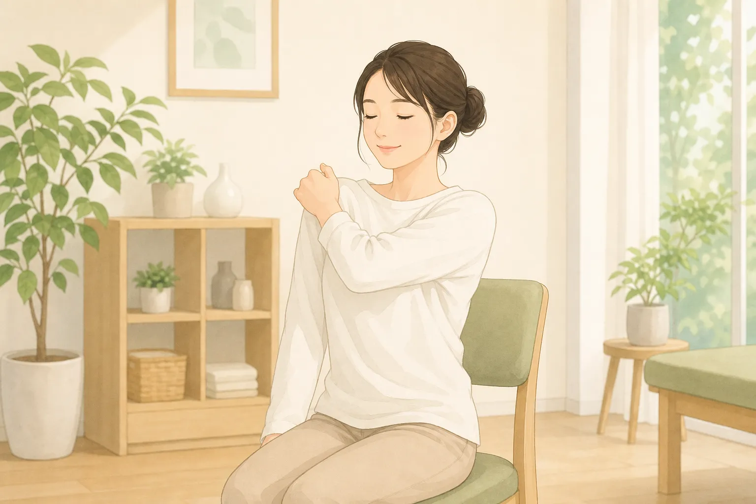 椅子に座って首や肩甲骨まわりをやさしくストレッチする日本人女性のイラスト