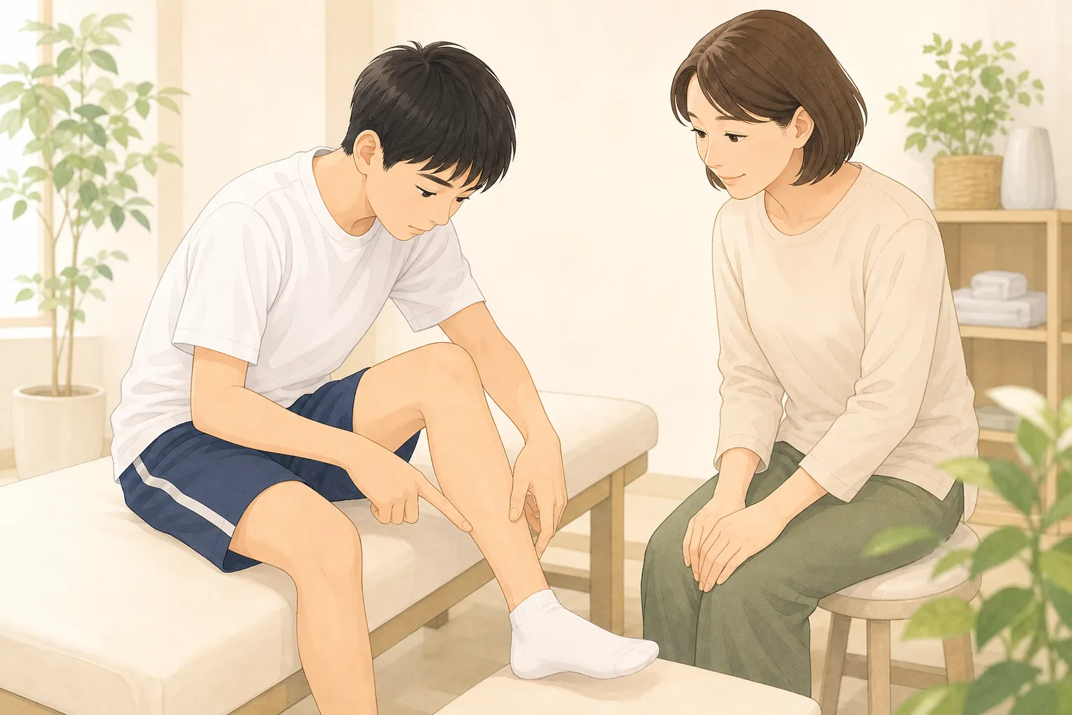 すねの内側を指さして痛む場所を確認する10代の学生と、そばで見守る保護者のイメージ
