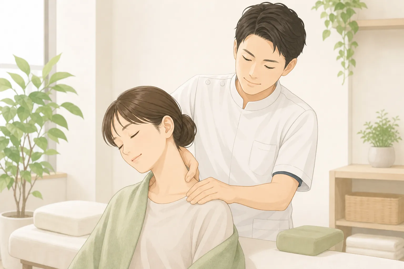 整骨院で施術者が首肩をていねいに施術する清潔感のあるイラスト