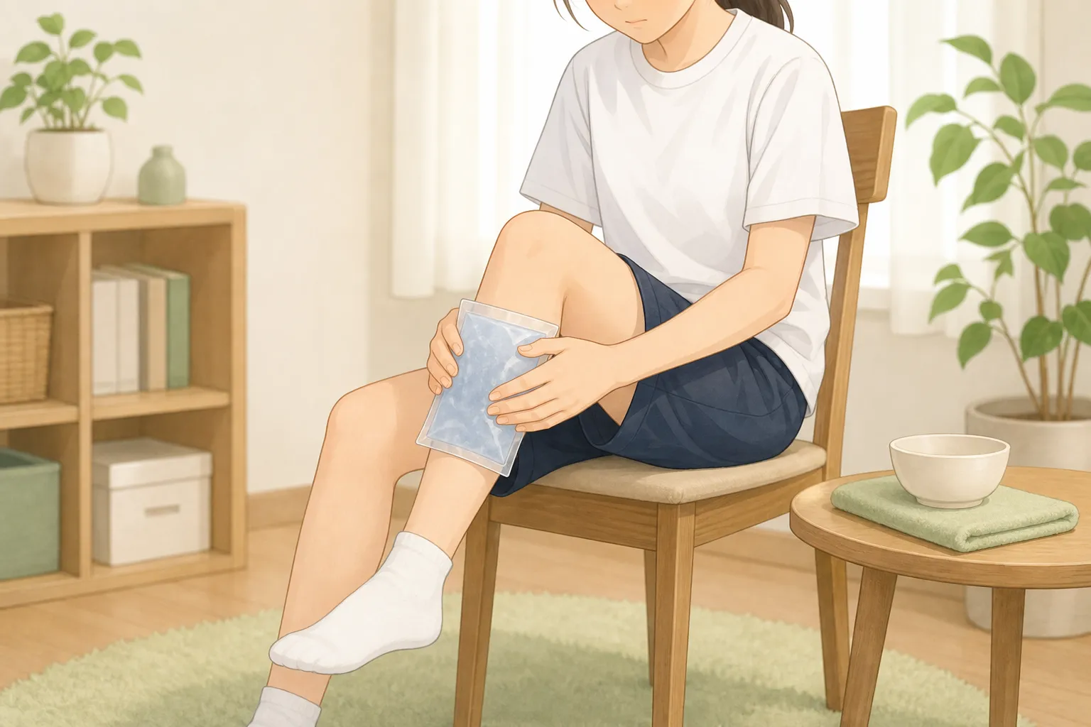 自宅で椅子に座り、すねの内側を保冷剤でアイシングしている学生の手元イメージ