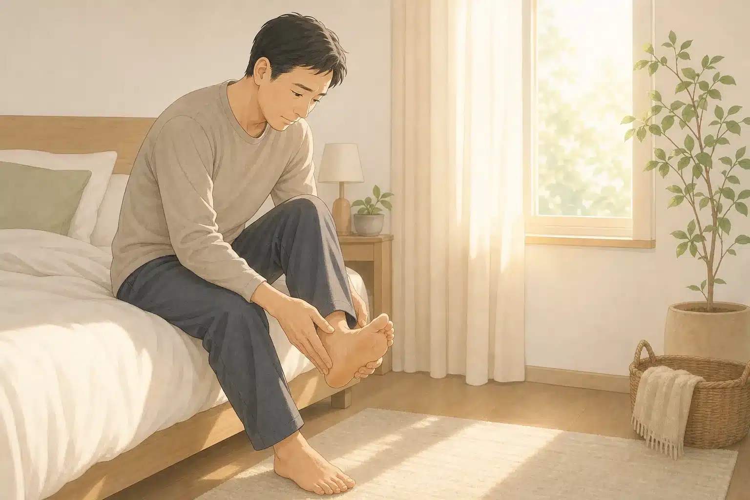 朝、ベッドの端に座って片方の足裏をかばうように手で押さえている40代の男性。寝室に朝日が差し込んでいる