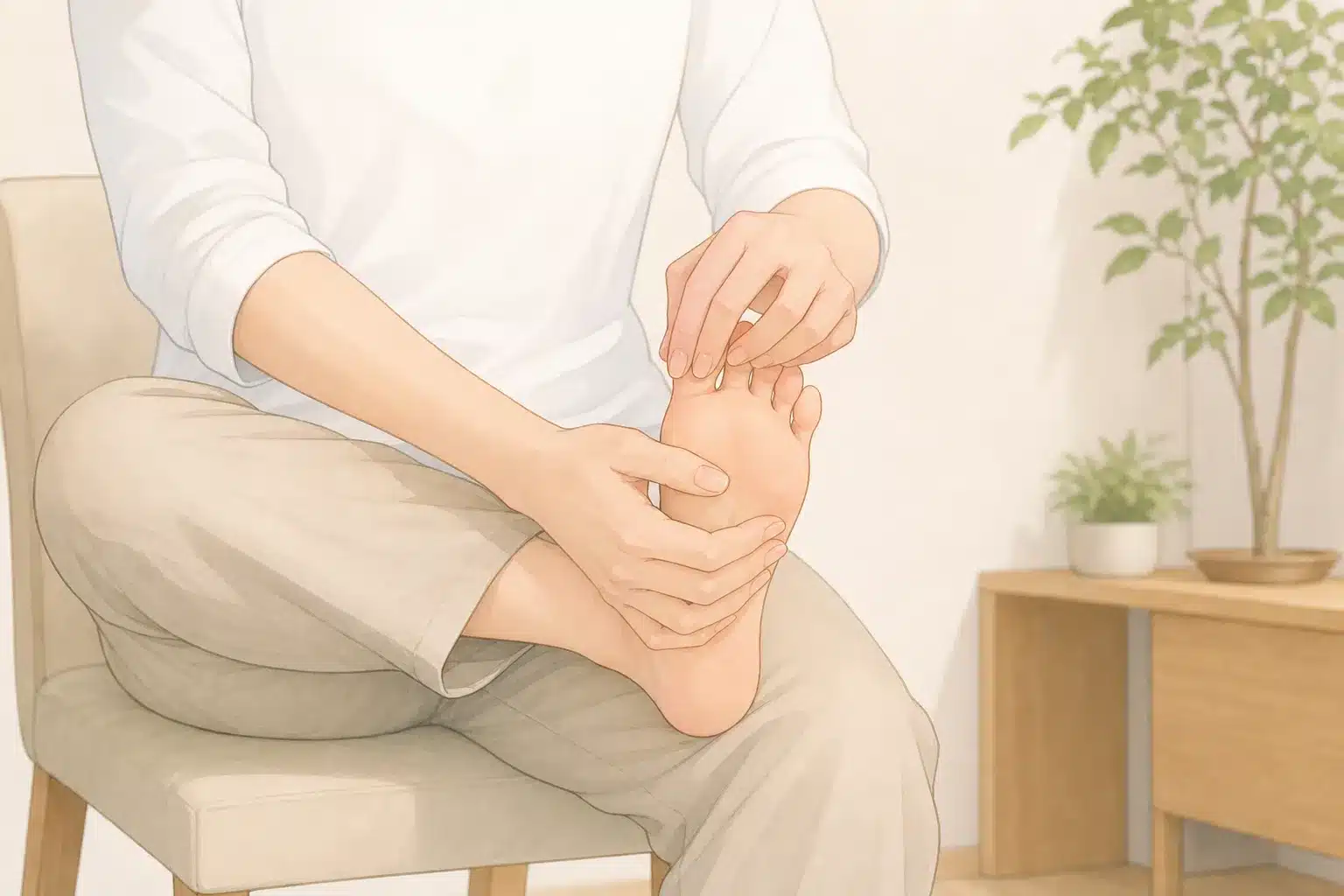 椅子に座って片足を膝に乗せ、手で足指を反らせて足裏を伸ばしている女性の手元アップ