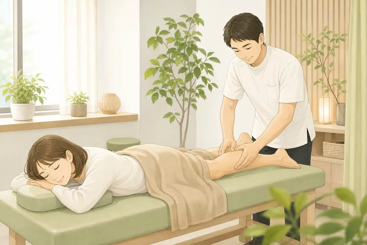 つくし鍼灸接骨院の施術室で、施術者が患者のふくらはぎに手技を行っている明るい院内の様子